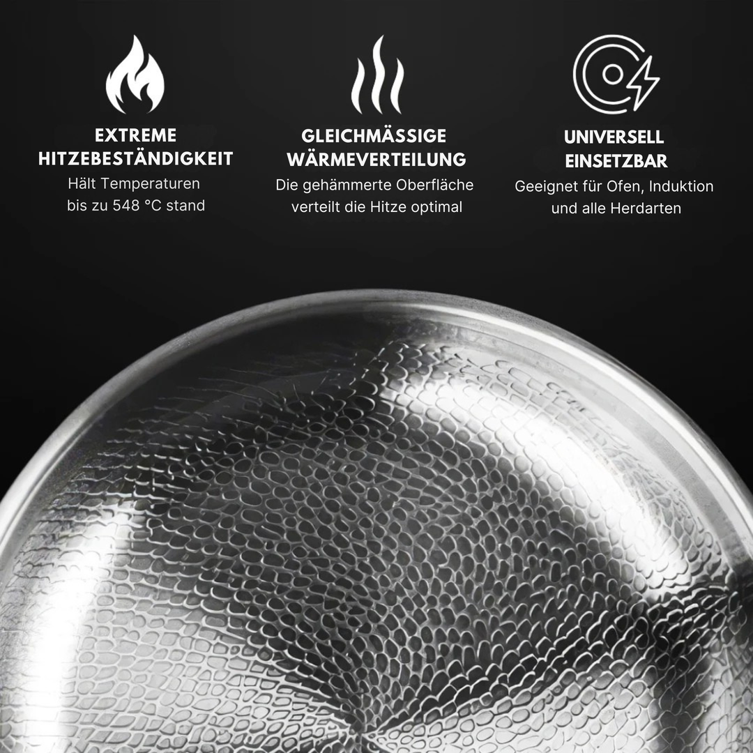 Gehämmerte Oberfläche der Titanium Pro Bratpfanne für optimale Wärmeverteilung