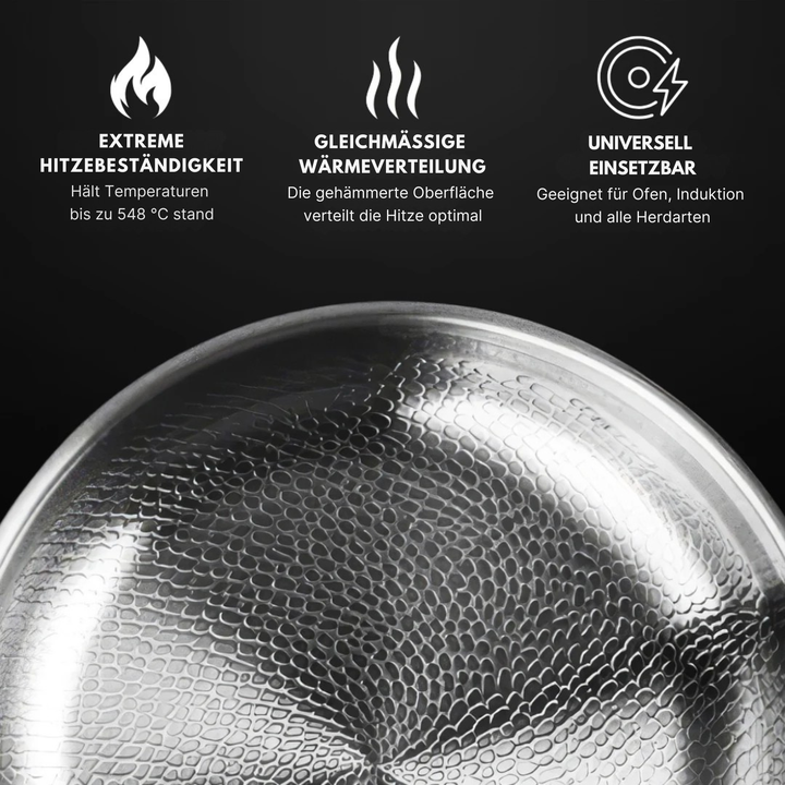 Gehämmerte Oberfläche der Titanium Pro Bratpfanne für optimale Wärmeverteilung