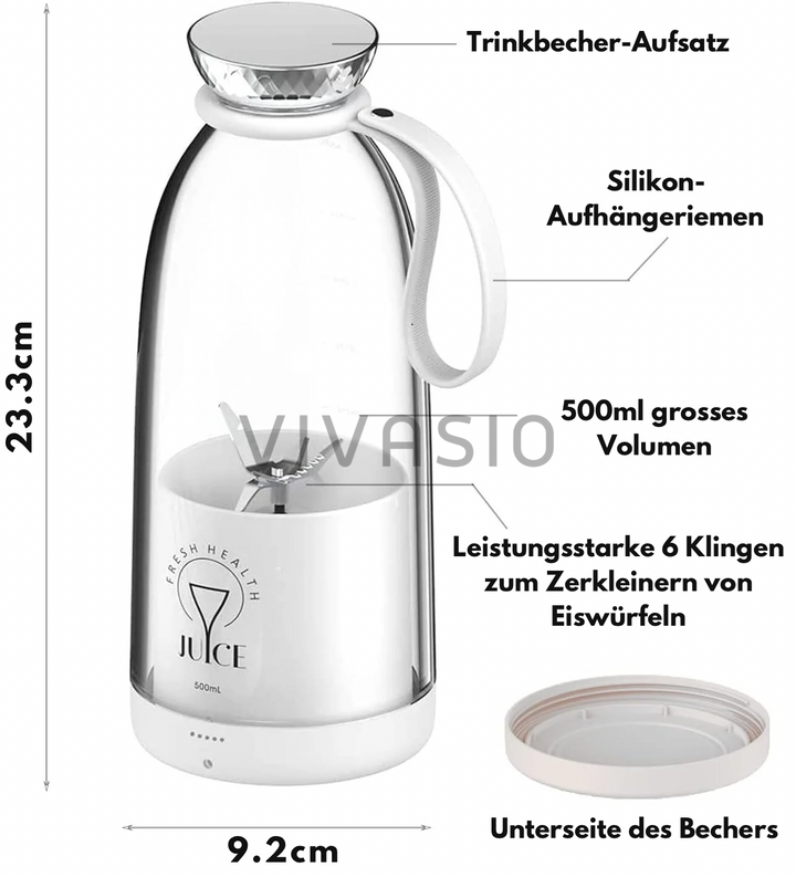 Tragbarer Smoothie Maker mit 500 ml Volumen, Trinkbecher-Aufsatz, Silikon-Aufhängeriemen, leistungsstarken 6 Klingen zum Zerkleinern von Eiswürfeln, und 9,2 cm Breite. Beinhaltet die Unterseite des Bechers und technische Abmessungen.