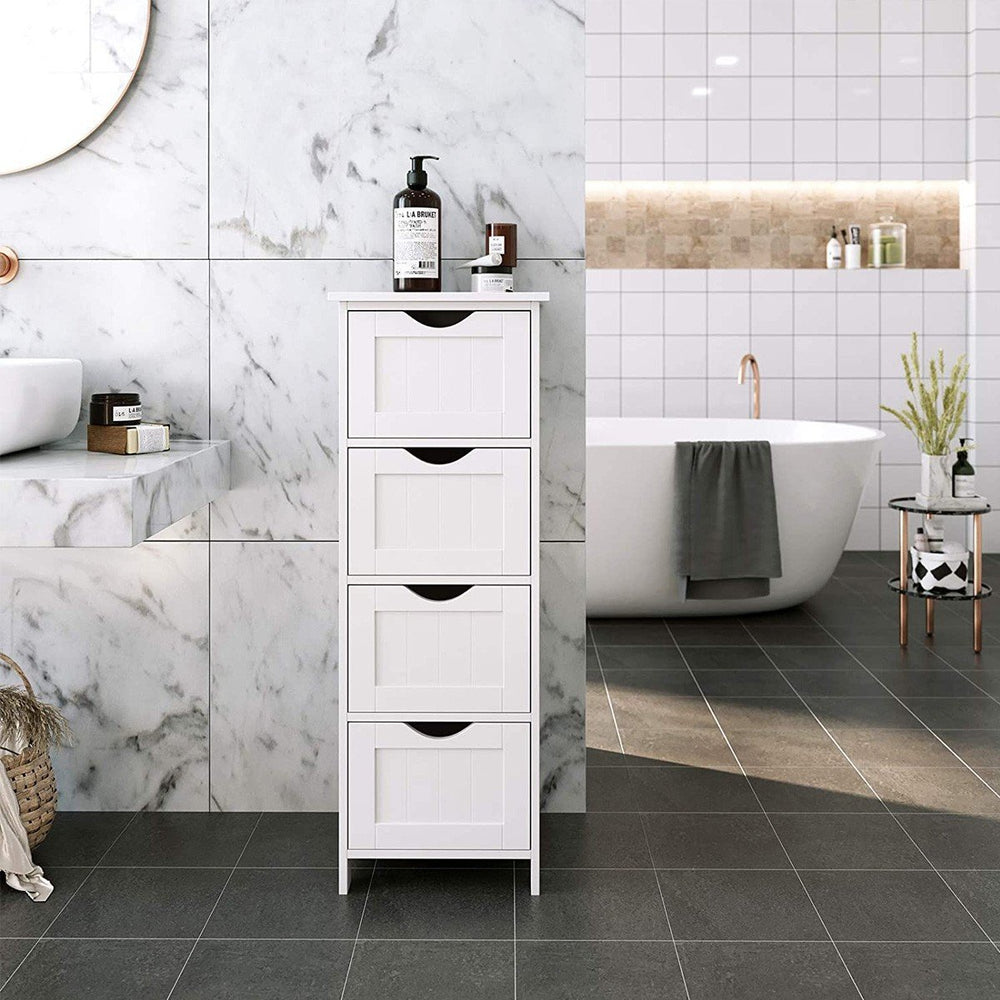 VASAGLE Badezimmerregal mit 4 Schubladen neben Badewanne und Marmorwand