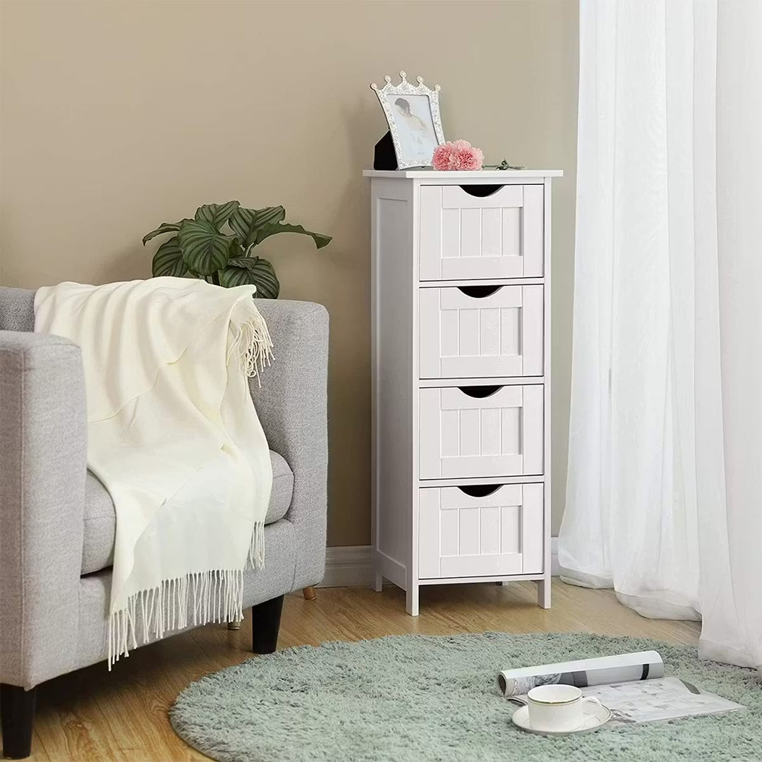 Meuble de salle de bain VASAGLE à 4 tiroirs, blanc, au salon à côté d’un fauteuil