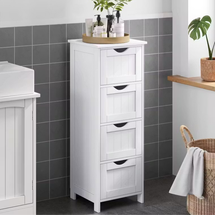 Meuble de salle de bain VASAGLE à 4 tiroirs, blanc, avec plateau et produits de soin dessus