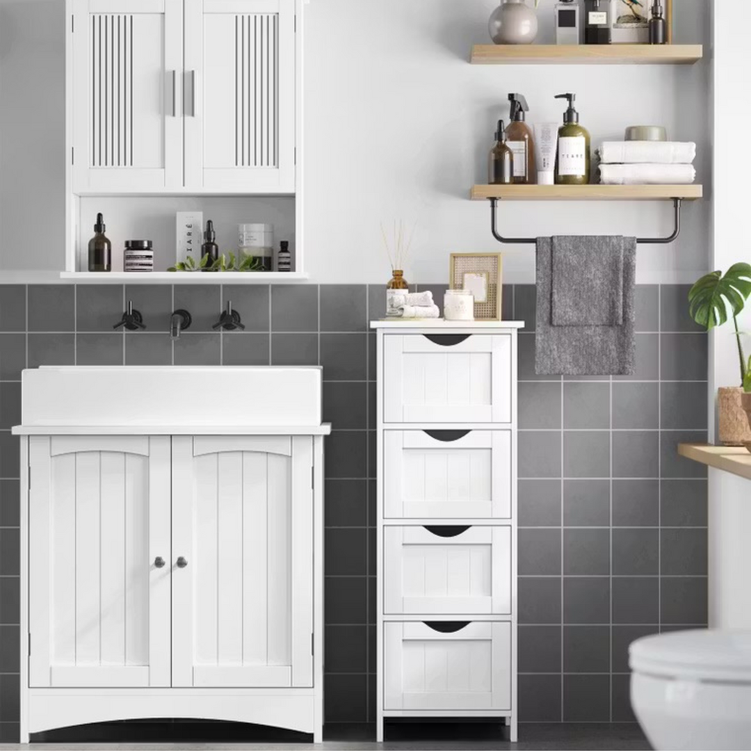 Meuble de salle de bain VASAGLE à 4 tiroirs, blanc, entre le lavabo et les toilettes