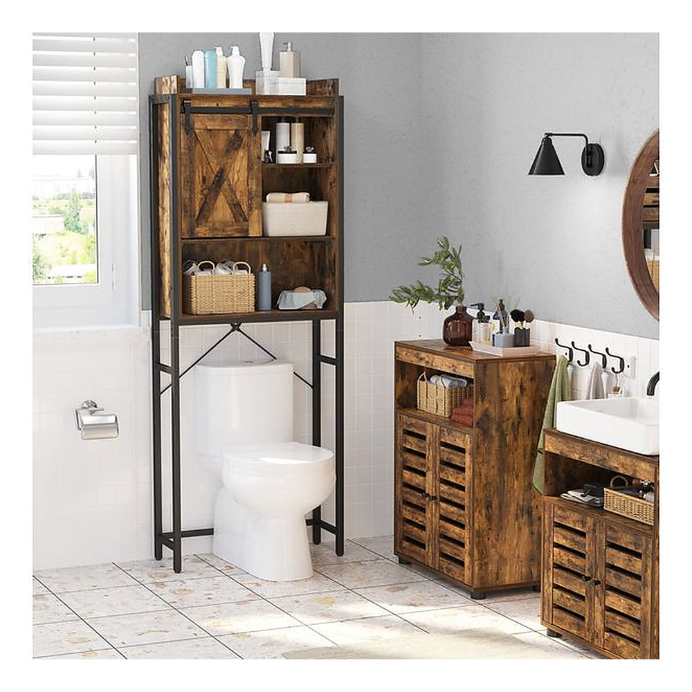 VASAGLE Badezimmerregal mit Schrank 64 x 24 x 171 cm, Schwarz/Braun