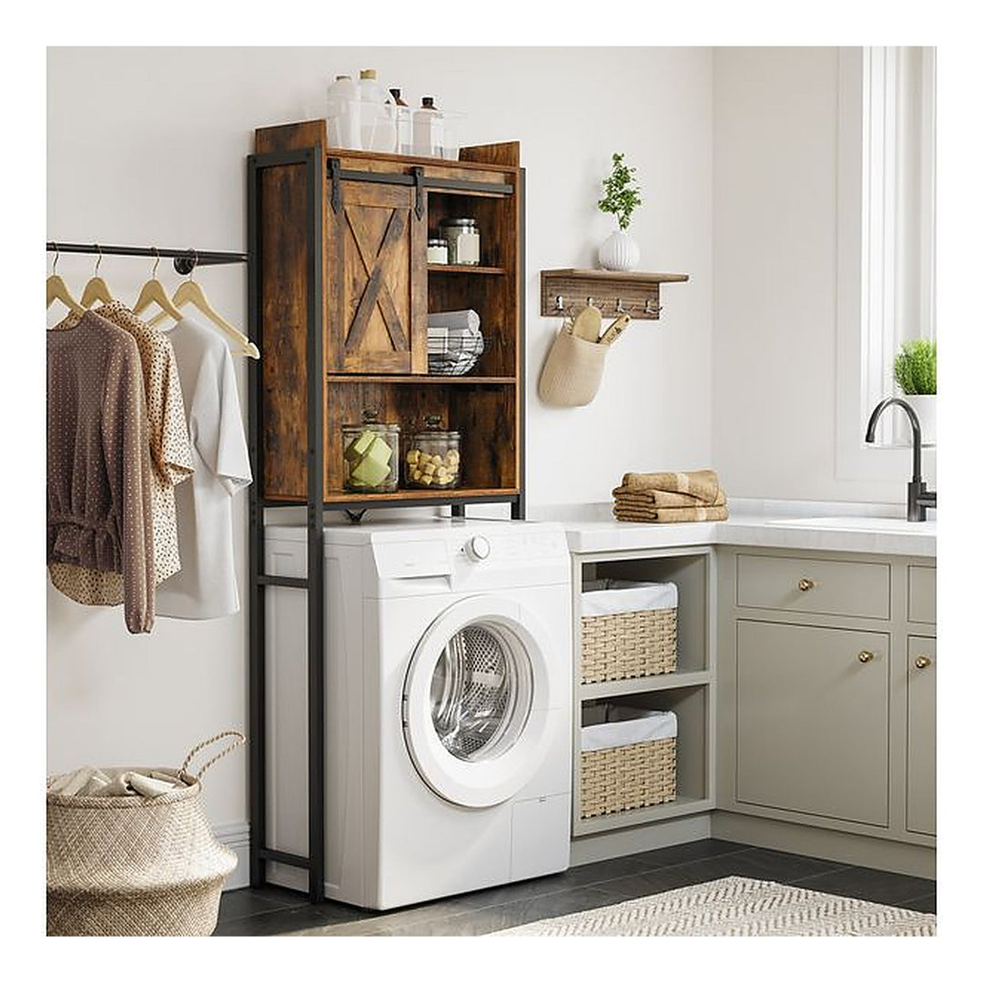 VASAGLE Badezimmerregal mit Schrank 64 x 24 x 171 cm, Schwarz/Braun