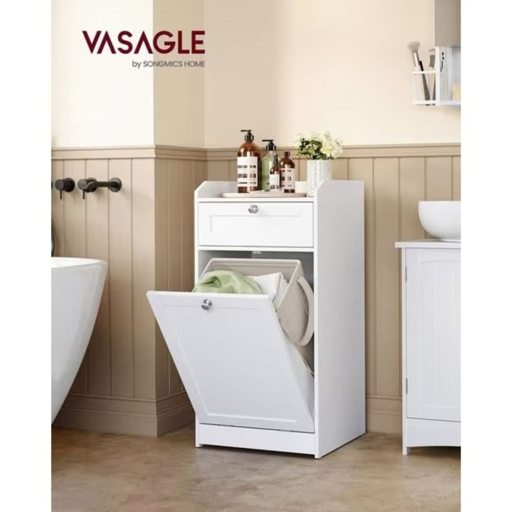 Meuble de salle de bain VASAGLE avec bac à linge, dans la salle de bain, abattant ouvert