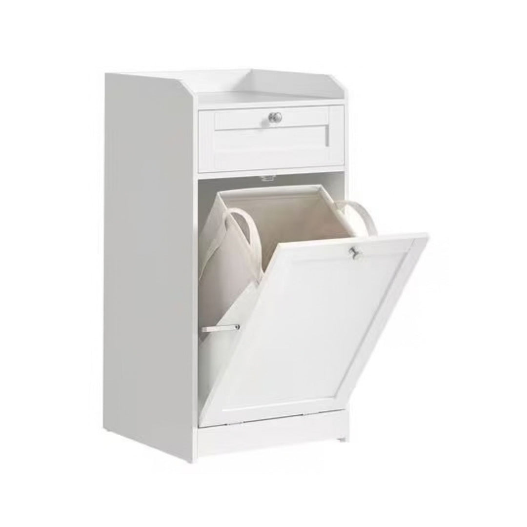 Meuble de salle de bain VASAGLE avec bac à linge, abattant ouvert, vue de biais