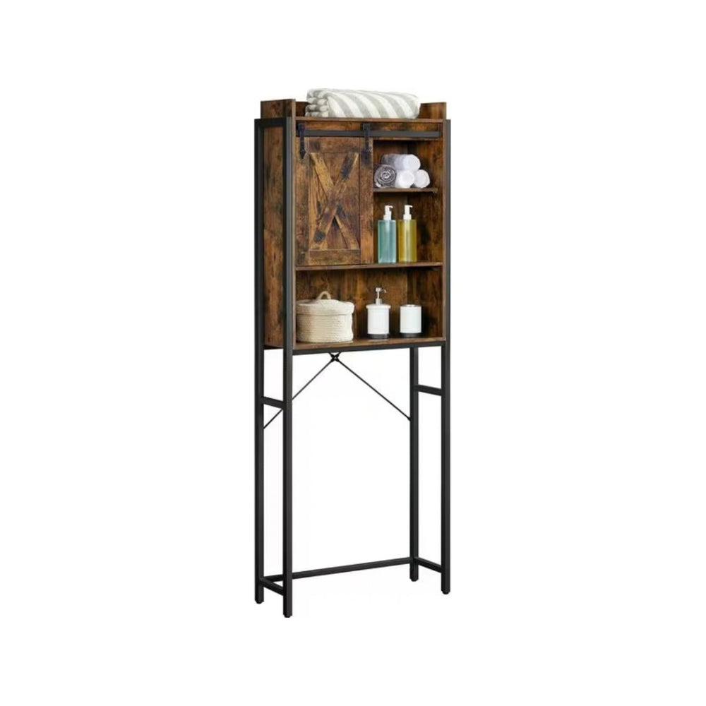 VASAGLE Toilettenregal mit Schrank Vintagebraun, Vorderansicht mit Tüchern und Flaschen