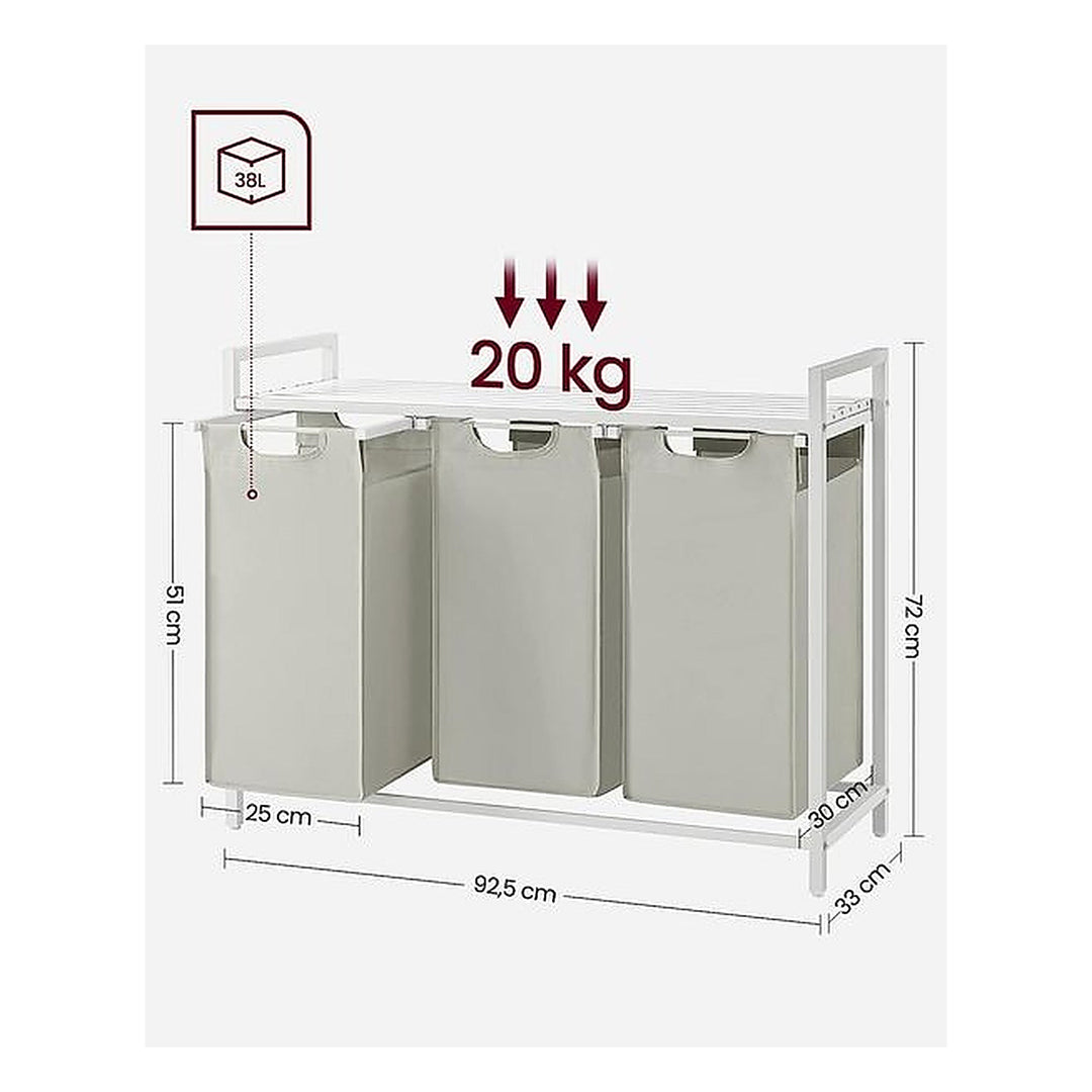 VASAGLE Wäschekorb mit Ablage 3 x 38 l, Weiss