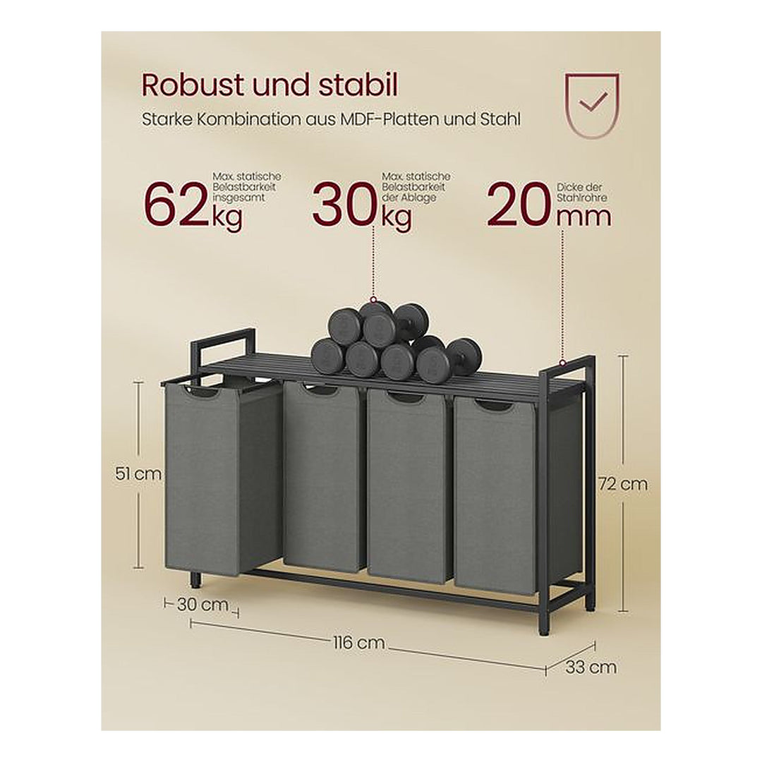 VASAGLE Wäschekorb mit Ablage 4 x 40 l, Grau/Schwarz