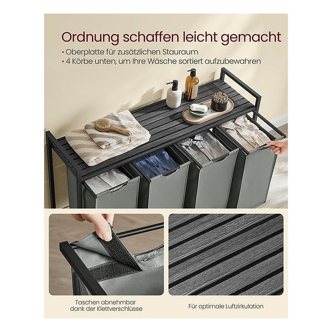 VASAGLE Wäschekorb mit Ablage 4 x 40 l, Grau/Schwarz