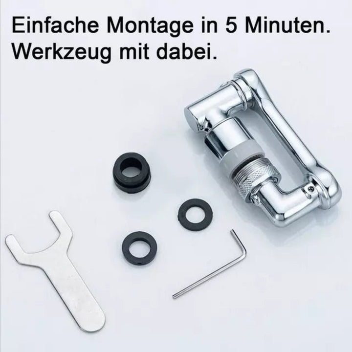 Lieferumfang des drehbaren Wasserhahn-Aufsatzes mit Dichtungen und Werkzeug für schnelle Montage