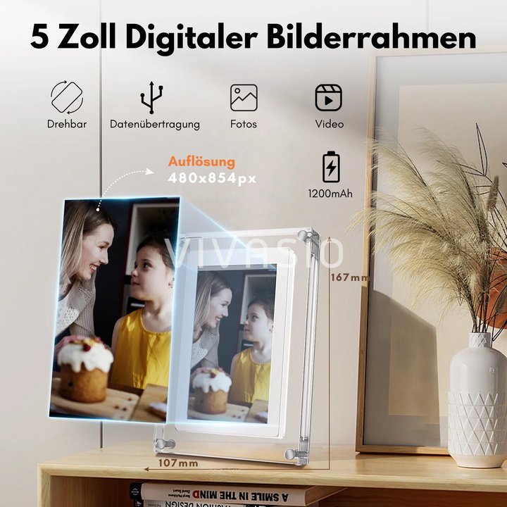 Eleganter weißer digitaler Acryl-Bilderrahmen mit integriertem Video- und Fotomodus.