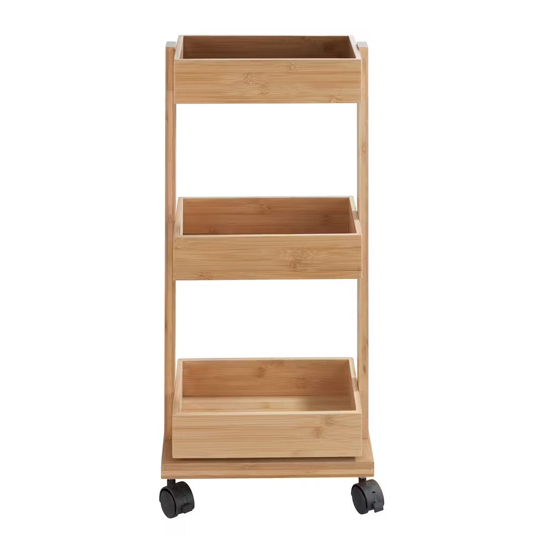 Wenko Badezimmerregal Tortona aus Bambus mit drei Ablagen und Rollen – freistehend in Braun