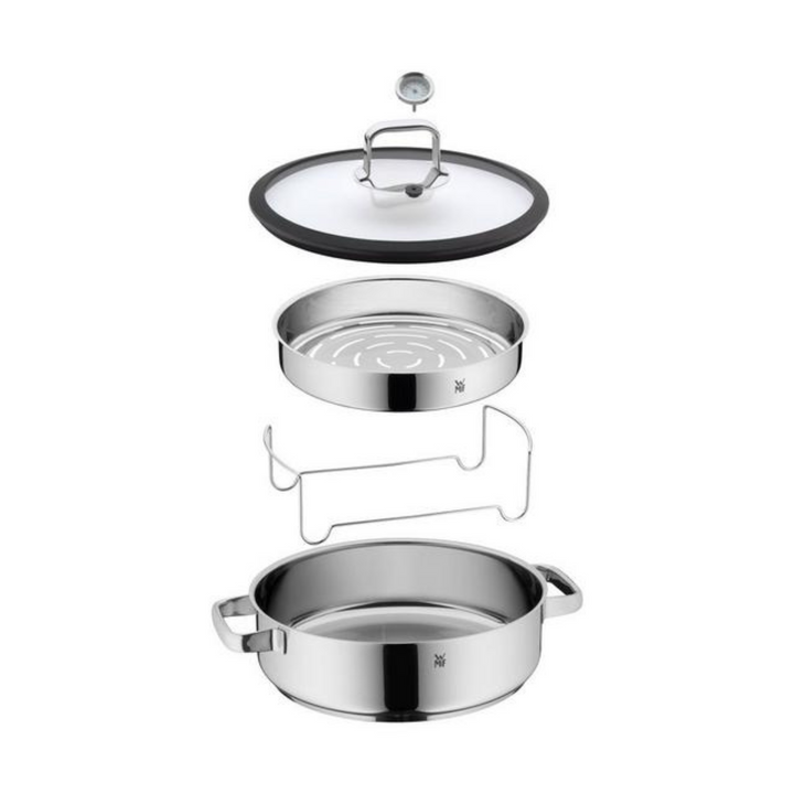 WMF Dampfgarer Vitalis 28 cm im Aufbau mit Glasdeckel, Thermometer, Siebeinsatz und Edelstahltopf