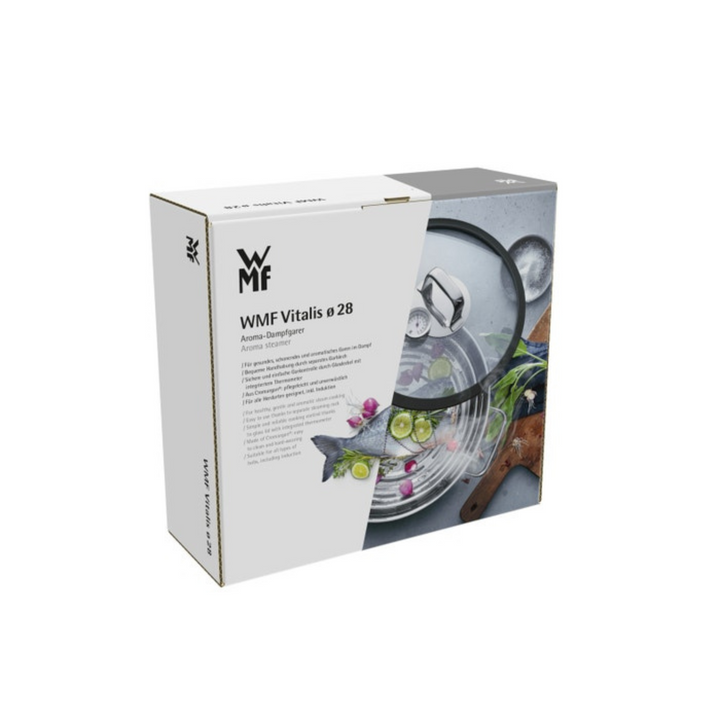 Verpackung des WMF Dampfgarer Vitalis 28 cm Sets aus Edelstahl mit Glasdeckel und Thermometer