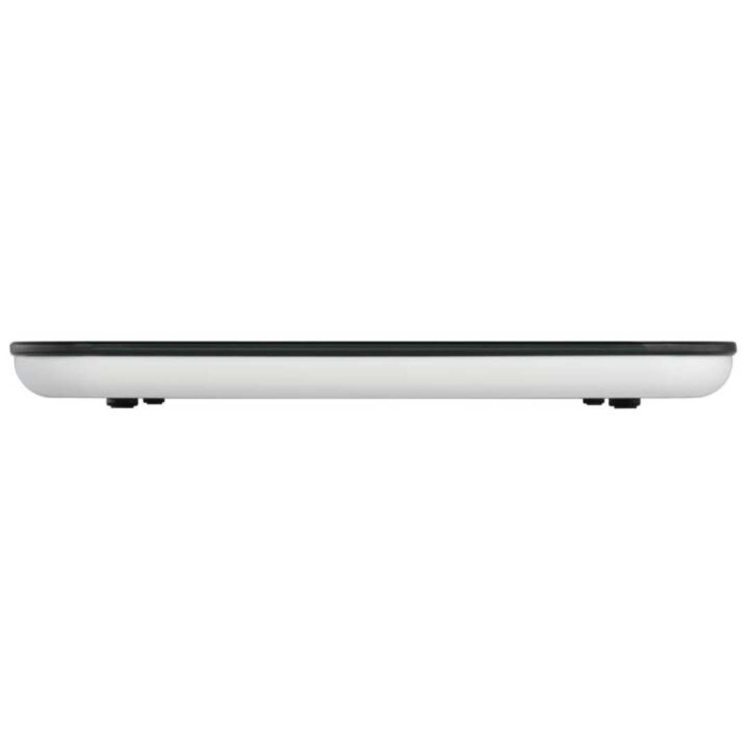 Seitenansicht der WMF Küchenwaage Digital Schwarz mit flacher Bauweise und minimalistischer Glasoberfläche