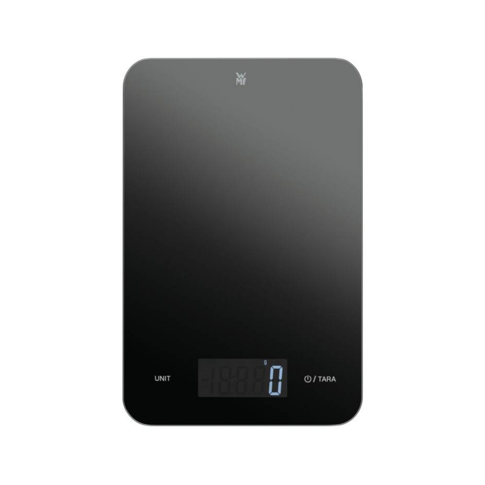 WMF Küchenwaage Digital Schwarz mit LCD Anzeige und minimalistischer Glasoberfläche in Frontansicht