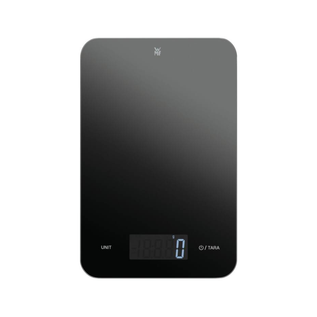 WMF Küchenwaage Digital Schwarz mit LCD Anzeige und minimalistischer Glasoberfläche in Frontansicht