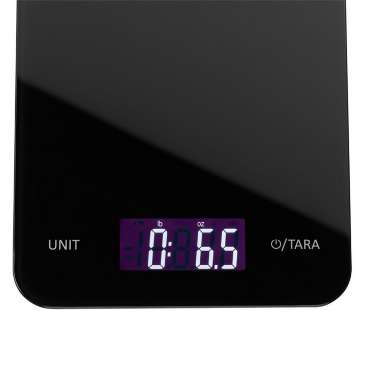 Detailaufnahme der WMF Küchenwaage Digital Schwarz mit beleuchtetem LCD Display und Sensortouch Steuerung