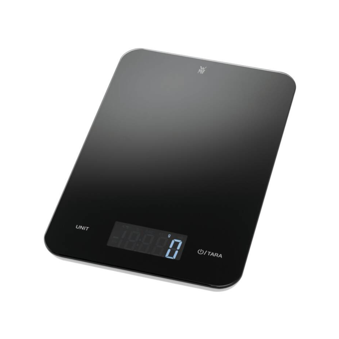 WMF Küchenwaage Digital Schwarz mit präziser Wiegetechnik und moderner Glasoberfläche in schräger Perspektive