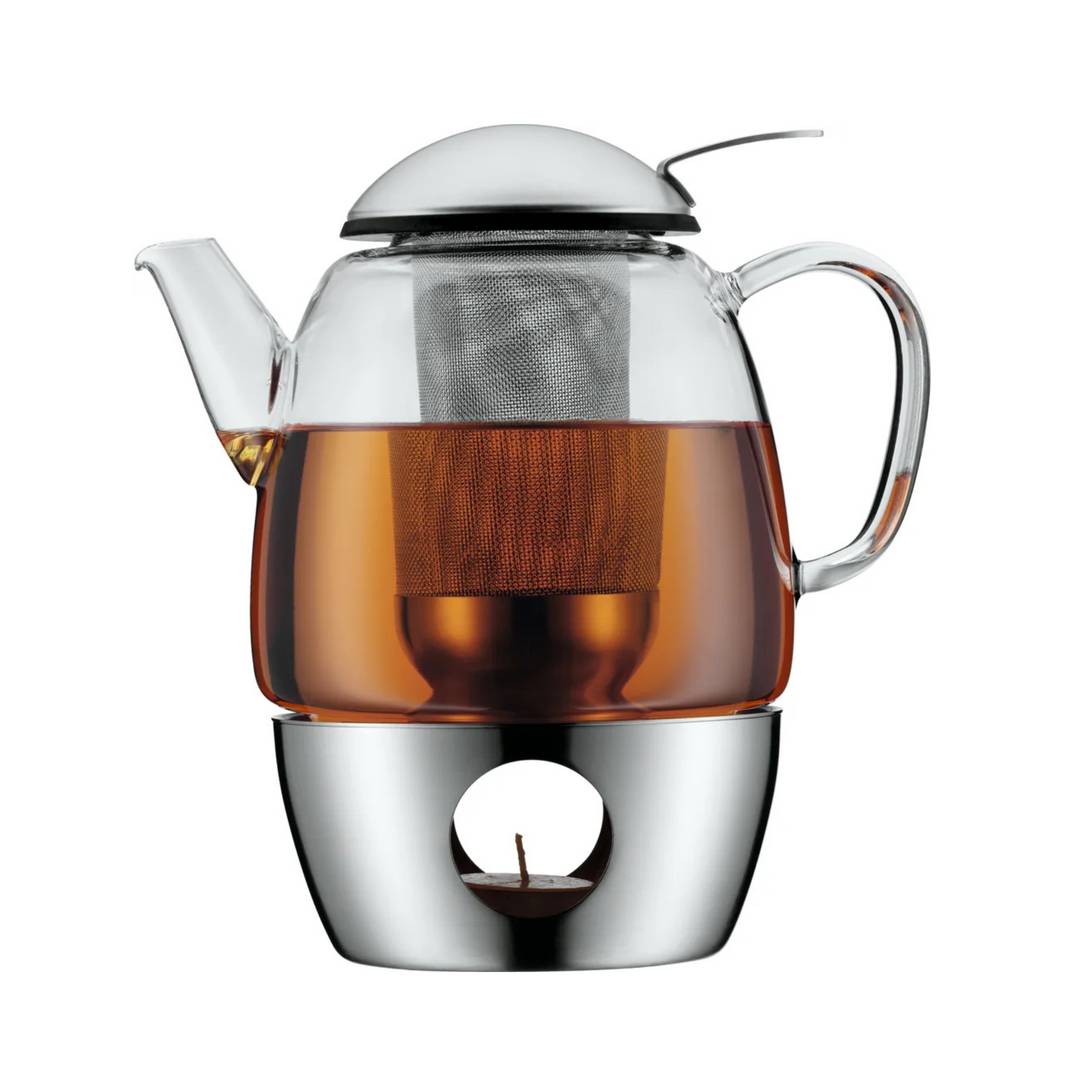Service à thé WMF SmarTea avec théière, filtre et réchaud, rempli de thé