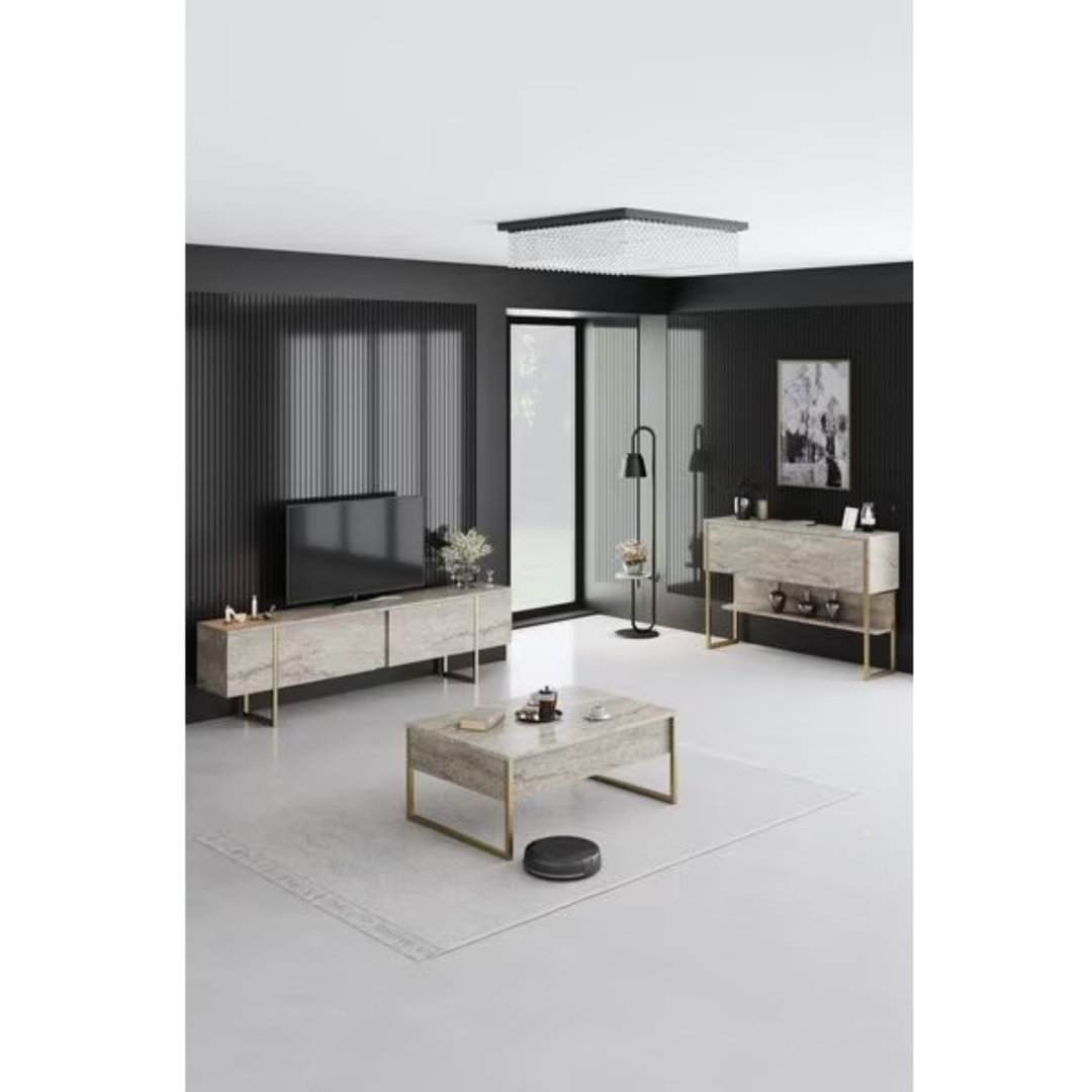Wohnzimmer mit Woody Fashion Luxe Kommode und Möbeln in Travertin Optik und goldenen Details