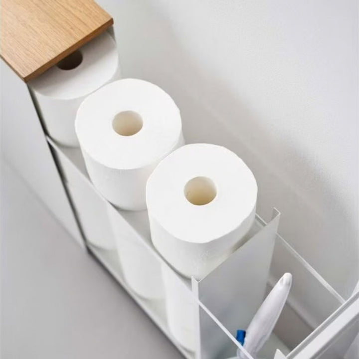Étagère coulissante Yamazaki Tower, blanc, compartiment avec papier toilette vu d'en haut